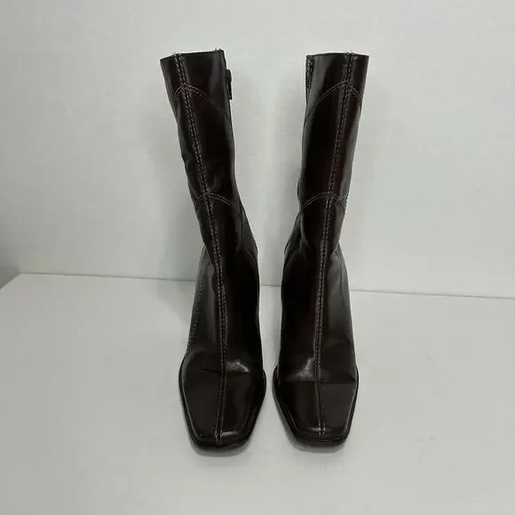 Diba Womens Brown Leather Square Toe Side Zipper Mid-Calf Heeled Boots 8 90s - Picture 2 of 10